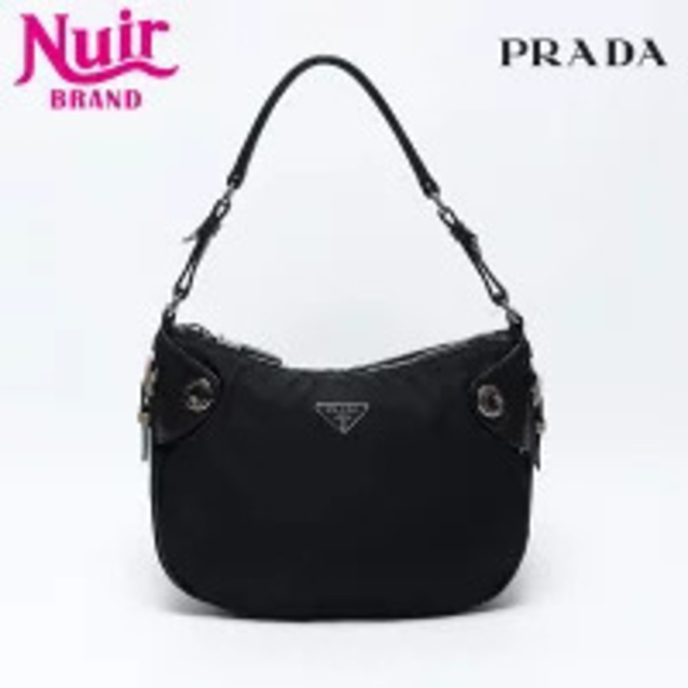 Prada Leather Triangle Logo Hobo Shoulder Bag Black